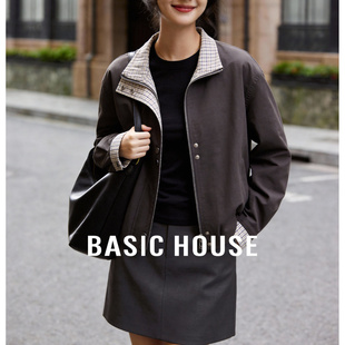 百家好春季新款撞格纹立领宽松廓形短款挺括上衣复古中性风外套