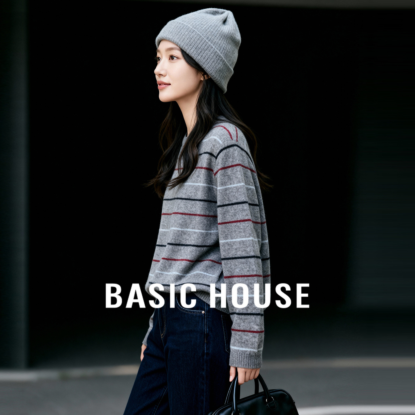 Basic House/百家好韩系慵懒风条纹毛衣女冬圆领宽松套头针织上衣
