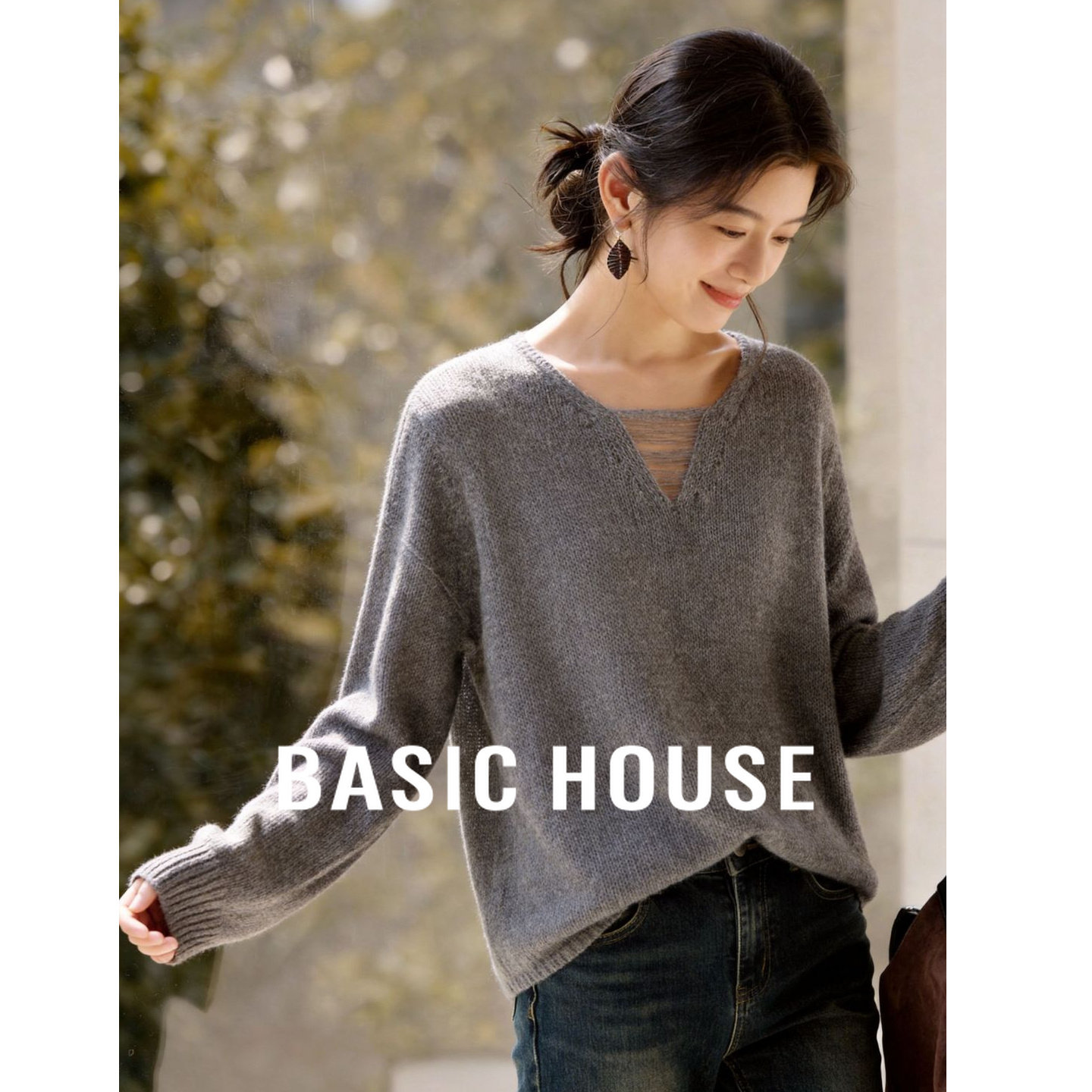 Basic House/百家好撞色V领假两件针织衫女宽松慵懒薄款长袖上衣