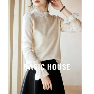 Basic House/百家好白色针织打底衫女春季新款网纱内搭喇叭袖上衣
