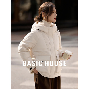 百家好白色短款羽绒服女士2025冬季新款外套连帽保暖面包宽松上衣