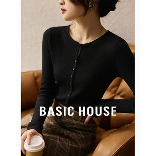 Basic House/百家好黑色针织衫女2026春季新款短款开衫打底上衣