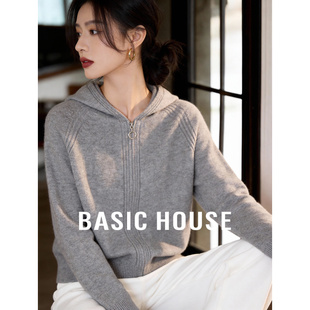 百家好羊毛针织帽衫外套26春季新款女士灰色连帽上衣拉链开衫毛衣