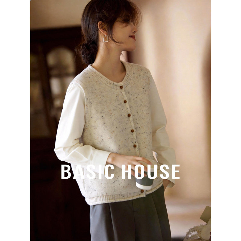 Basic House/百家好拼接针织马甲开衫春季新款宽松圆领长袖毛衫女