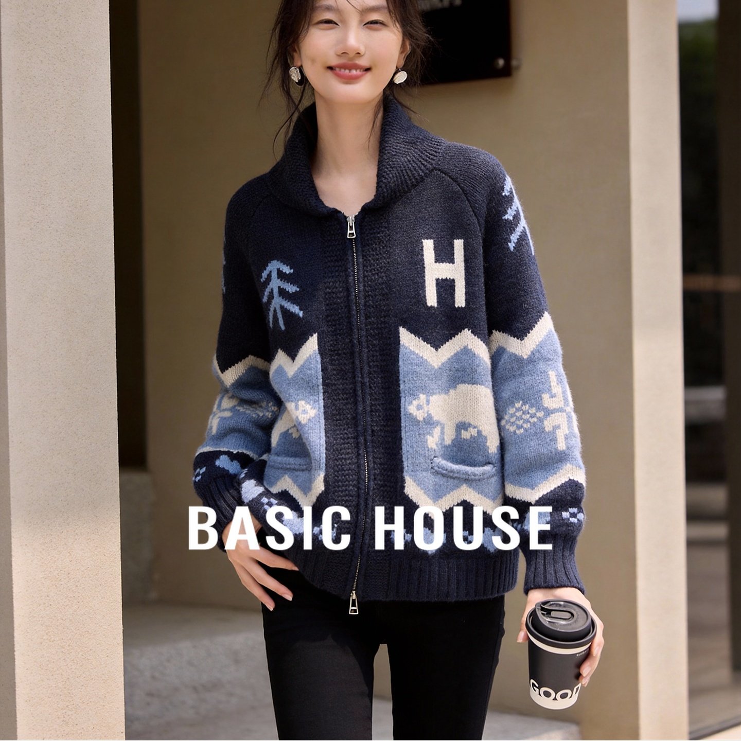 百家好费尔岛提花毛衣开衫女2026新款韩系宽松双拉链翻领针织外套,女装/女士精品,毛衣,淘宝优惠券,粉丝福利购,淘宝优惠卷