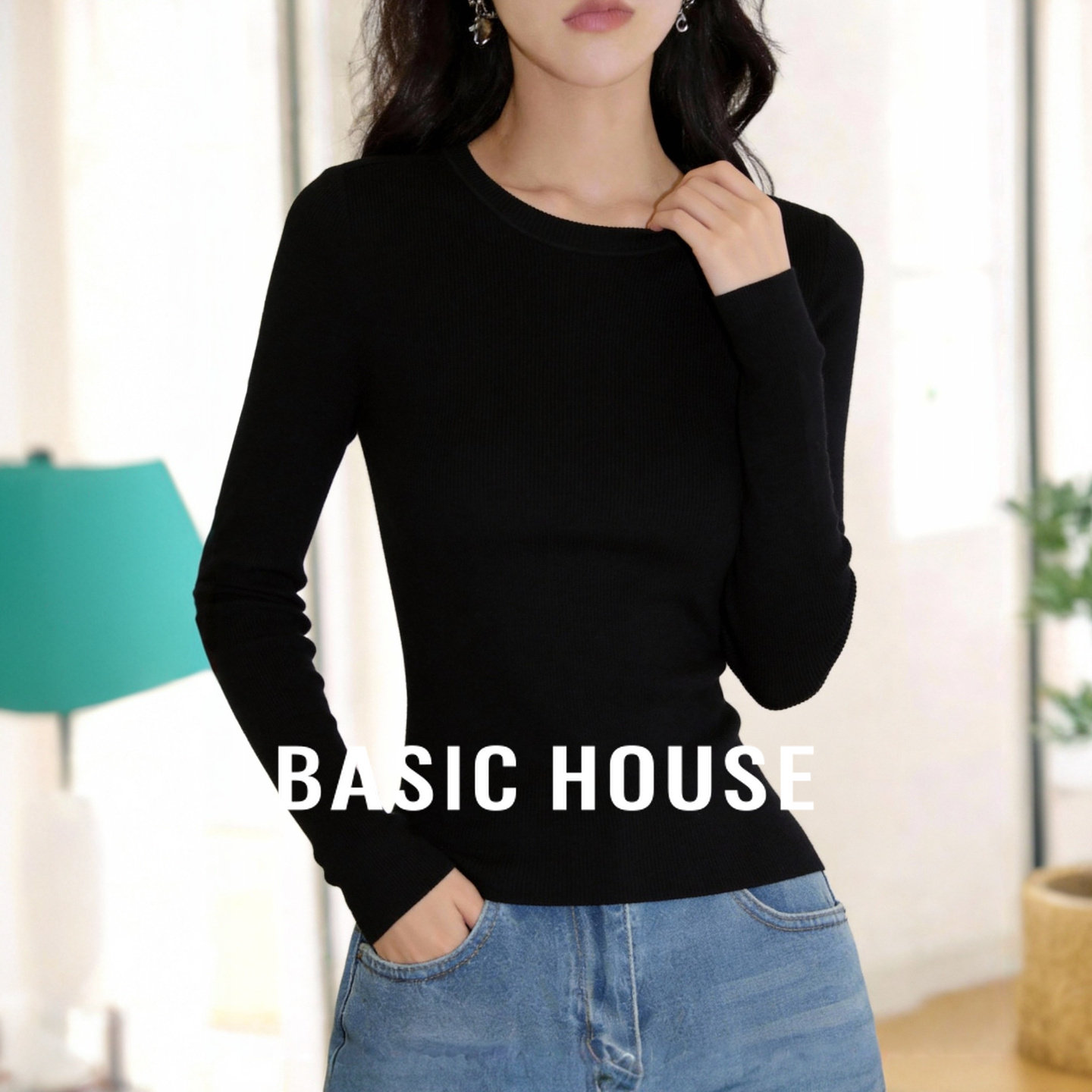 Basic House/百家好黑色圆领针织衫春季新款正肩修身内搭打底衫女