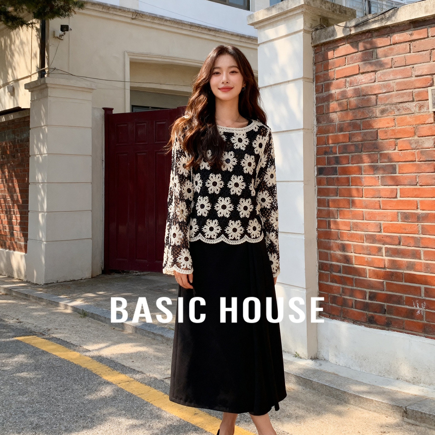 Basic House/百家好2026春季新款镂空钩花针织罩衫背心裙女两件套