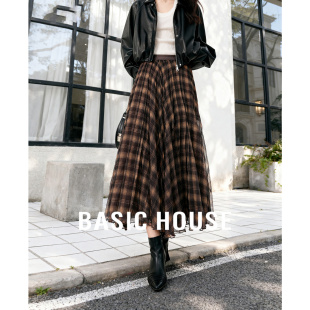 Basic House/百家好格纹百褶网纱半身裙女秋冬复古高腰中长A字裙