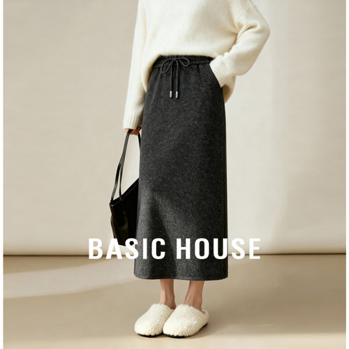 高腰毛呢A字半身裙