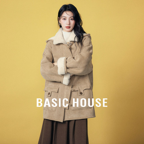 Basic House/百家好纯色皮毛一体加绒外套冬季保暖连帽中长款上衣