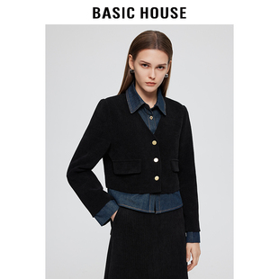 Basic House/百家好复古套装秋冬假两件牛仔拼接上衣半身裙两件套