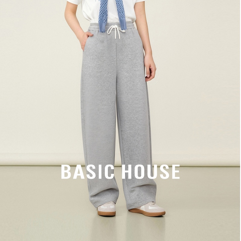 Basic House/百家好蕾丝边抽绳弯刀裤秋季新款宽松高腰显瘦休闲裤