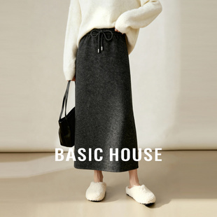 A字半身裙女灰色抽绳中长款 Basic 新款 百家好2025冬季 裙子 House