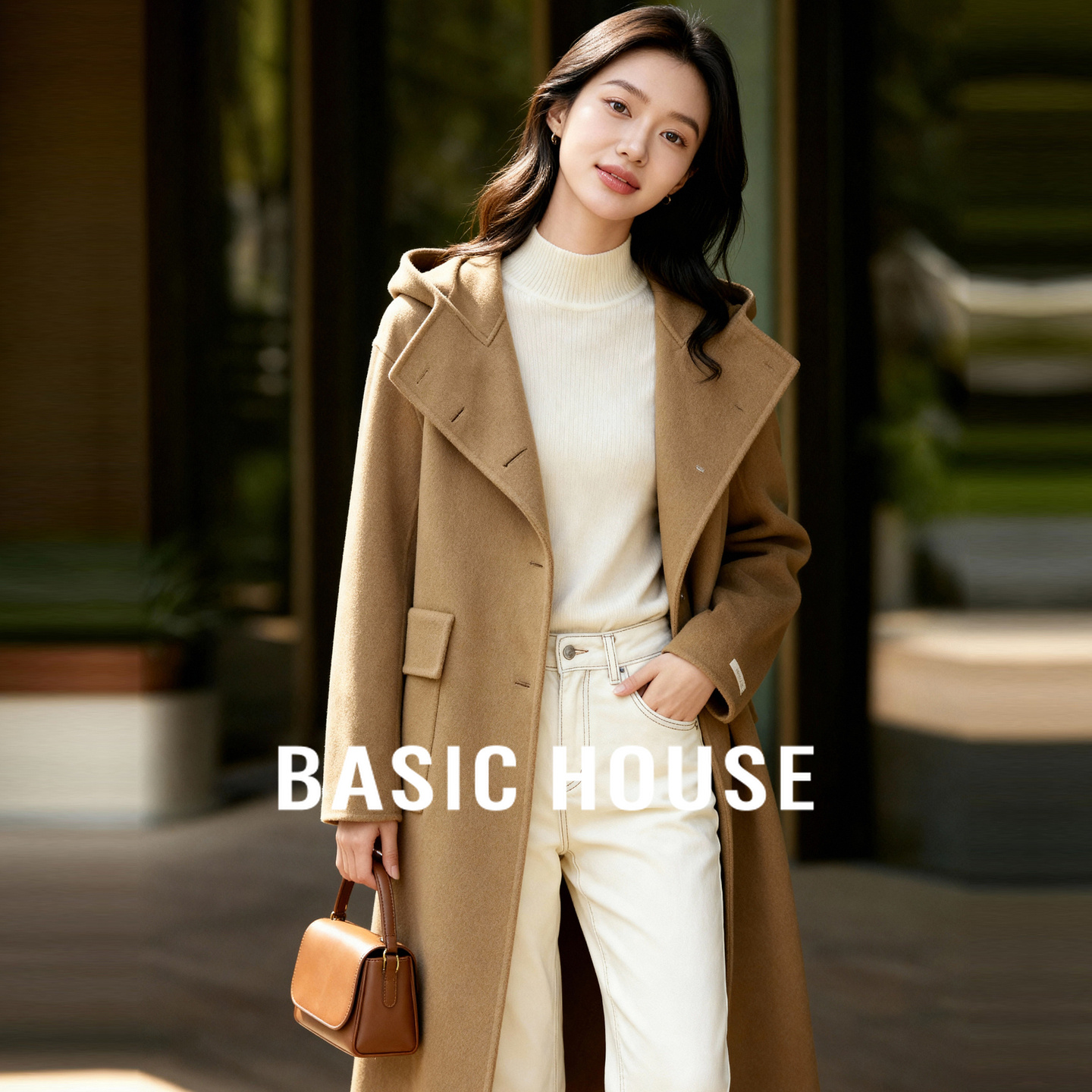 Basic House/百家好连帽单排扣双面呢大衣女冬长款气质风毛呢外套