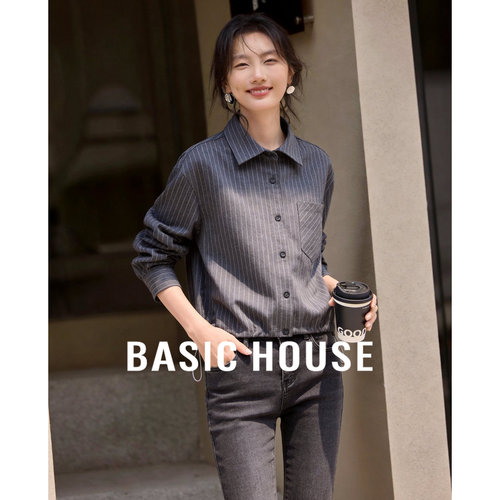 Basic House/百家好撞色条纹衬衫春季新款抽绳下摆休闲长袖衬衣女