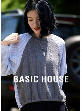 百家好2026春季新款假两件针织衫女灰色麻花针织宽松显瘦抽绳上衣