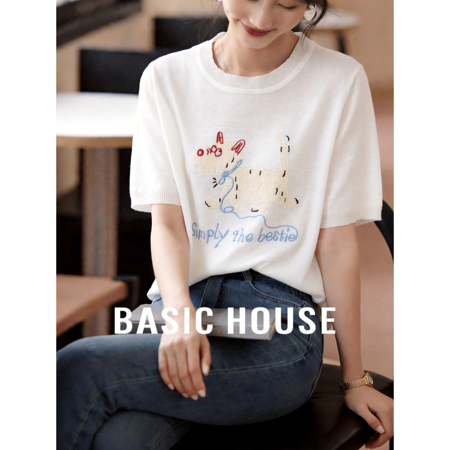 Basic House/百家好小狗刺绣薄款针织衫2026夏季减龄短袖圆领上衣