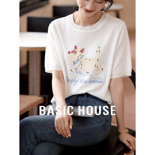 Basic House/百家好小狗刺绣薄款针织衫2026夏季减龄短袖圆领上衣