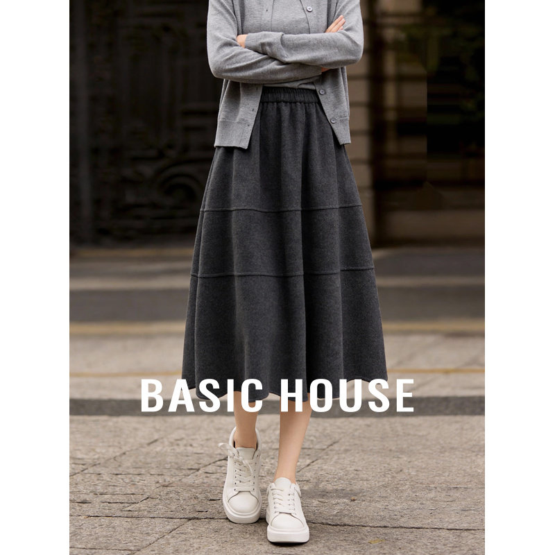 百家好灰色气质半身裙秋冬季加厚2025新款松紧腰通勤宽松A字裙子