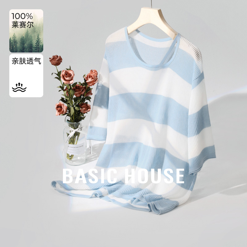 Basic House/百家好莱赛尔条纹不对称针织衫夏新款镂空短袖上衣