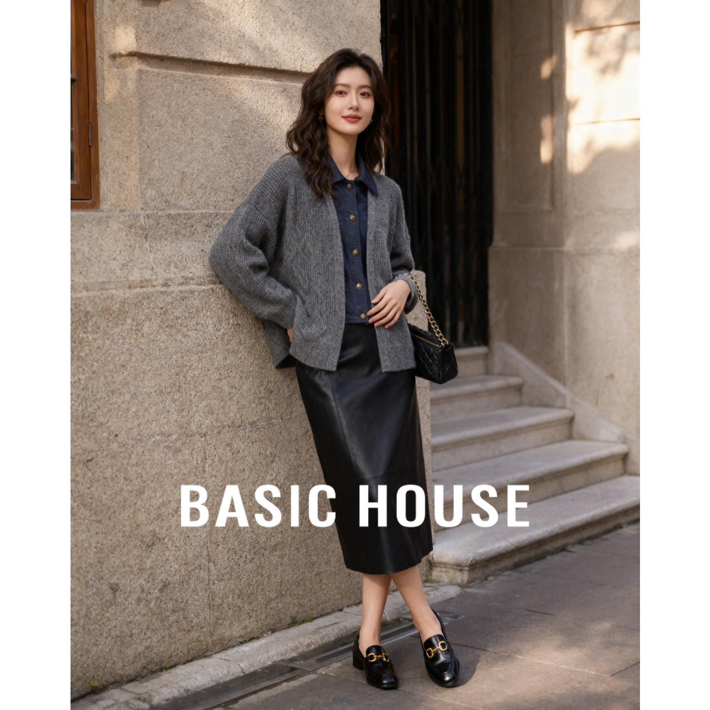 Basic House/百家好假两件牛仔拼接毛衣2025秋新款翻领开衫外套