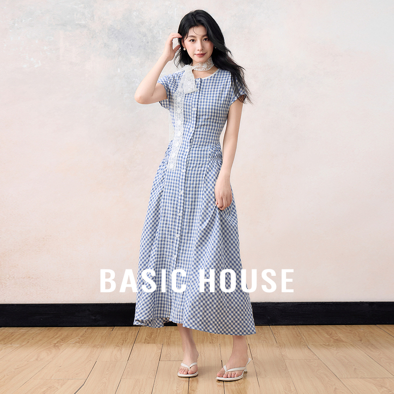 Basic House/百家好蓝色复古格子连衣裙中长款褶皱掐腰裙2025夏季