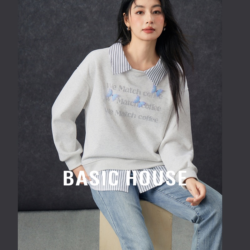 Basic House/百家好假两件拼接卫衣秋季洋气蝴蝶字母Polo领上衣女
