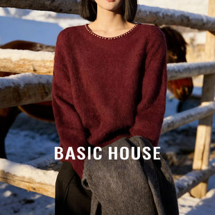 温柔风宽松遮肉百搭羊毛针织衫 百家好红色亮片珍珠毛衣女冬季 新款