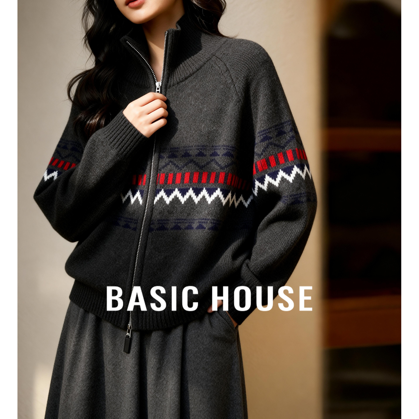 Basic House/百家好北欧几何提花针织开衫冬季立领显瘦休闲羊毛衫