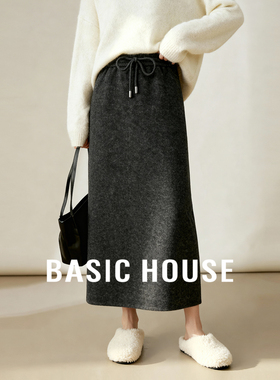 Basic House/百家好2025冬季新款A字半身裙女灰色抽绳中长款裙子