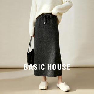 Basic House/百家好2025冬季新款A字半身裙女灰色抽绳中长款裙子