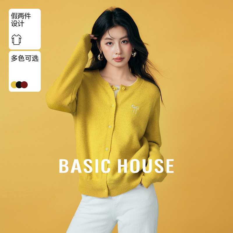 Basic House/百家好温柔风假两件针织开衫秋季新款蝴蝶结软糯上衣