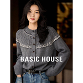 女宽松慵懒风圆领毛衣外套 百家好费尔岛提花针织开衫 Basic House