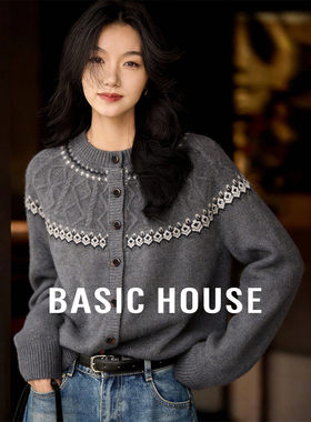 Basic House/百家好费尔岛提花针织开衫女宽松慵懒风圆领毛衣外套