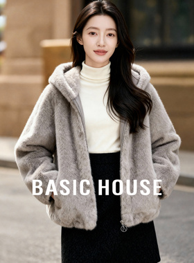 Basic House/百家好连帽宽松仿水貂绒外套女冬加厚保暖毛绒大衣