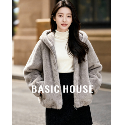 Basic House/百家好连帽宽松仿水貂绒外套女冬加厚保暖毛绒大衣