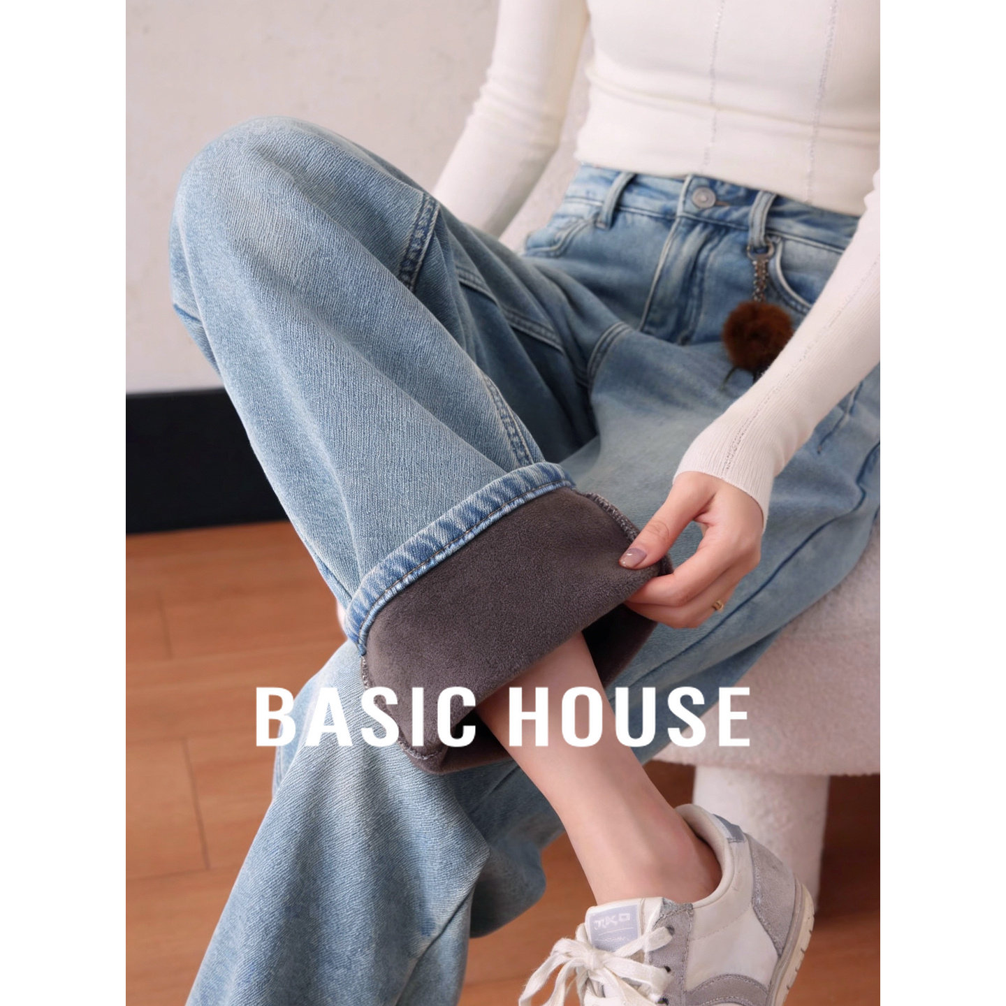 百家好加绒加厚保暖阔腿牛仔长裤女冬季新款复古高腰显瘦休闲裤子