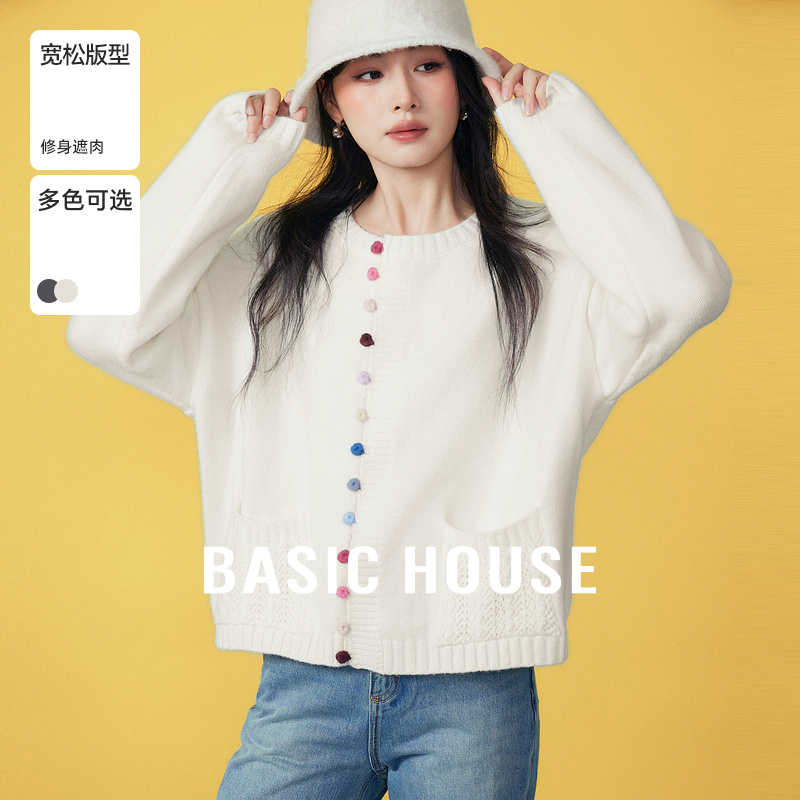 Basic House/百家好复古文艺圆领开衫外套设计感彩色扣长袖毛衣女
