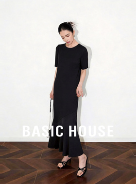 Basic House/百家好黑色连衣裙女2026夏季新款宽松短袖中长款裙子