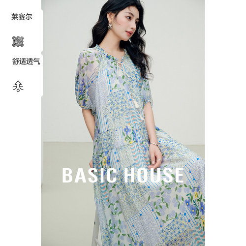 Basic House/百家好莱赛尔花朵连衣裙女夏季新款系带领中长款裙子