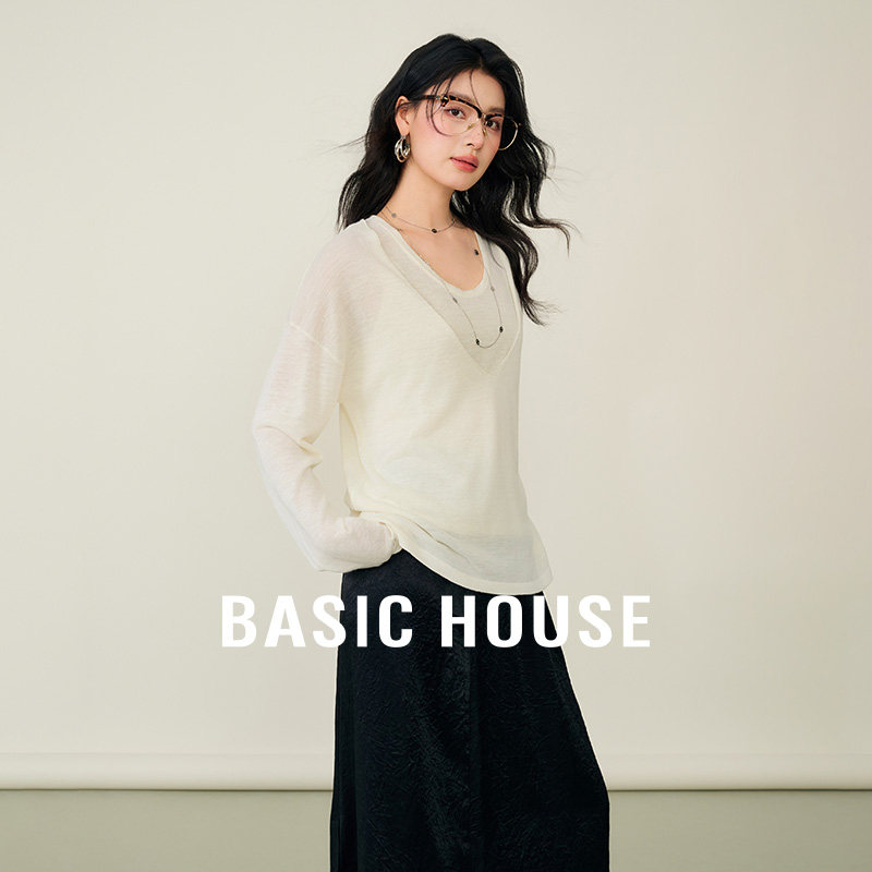 Basic House/百家好简约气质V领宽松白色针织衫女慵懒风长袖上衣