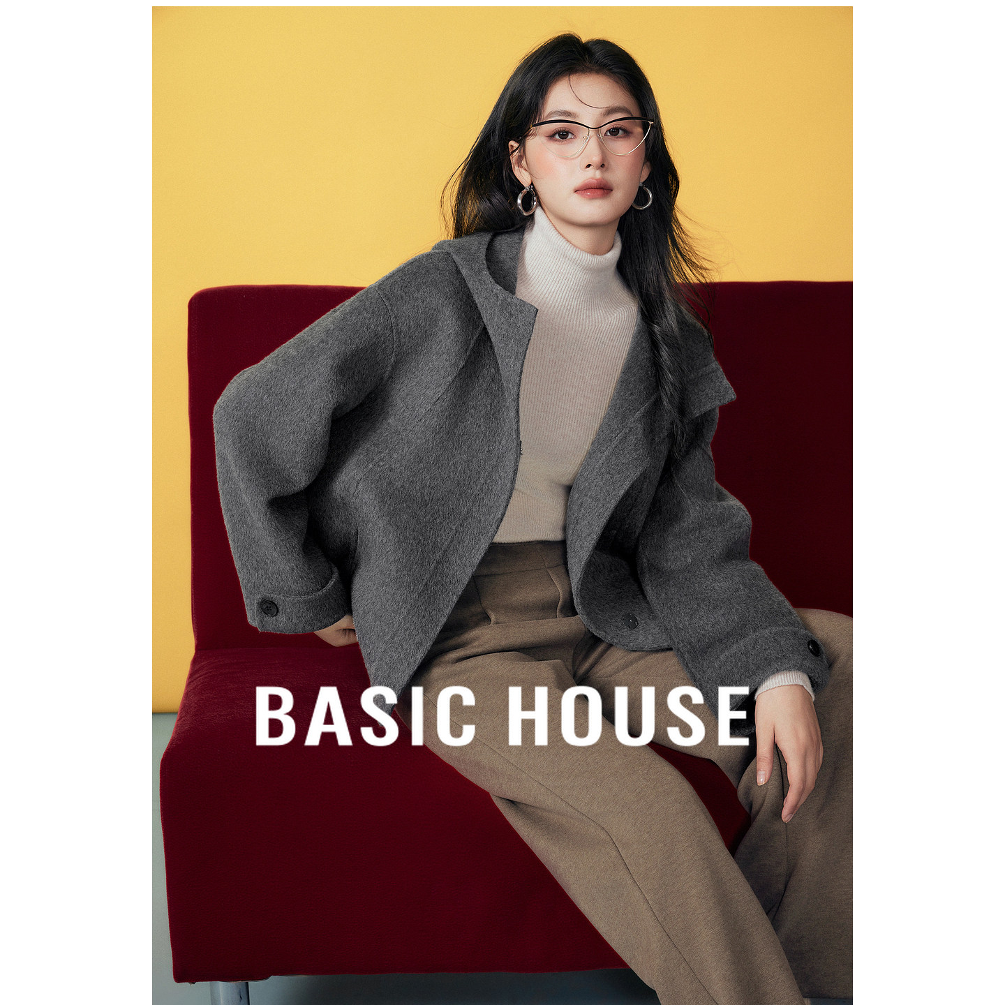 Basic House/百家好秋冬简约连帽毛呢短外套女宽松拉链款灰色大衣