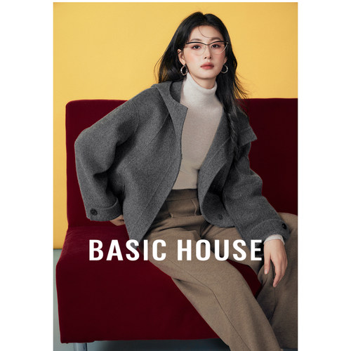 Basic House/百家好秋冬简约连帽毛呢短外套女宽松拉链款灰色大衣