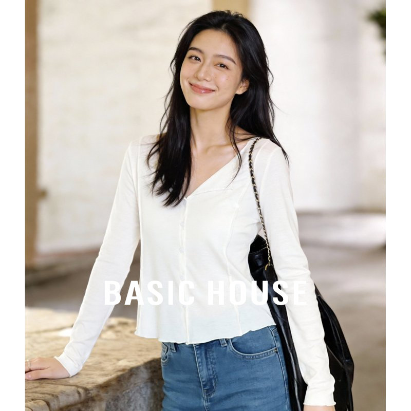 Basic House/百家好简约白色长袖T恤女春季款高级感修身显瘦上衣