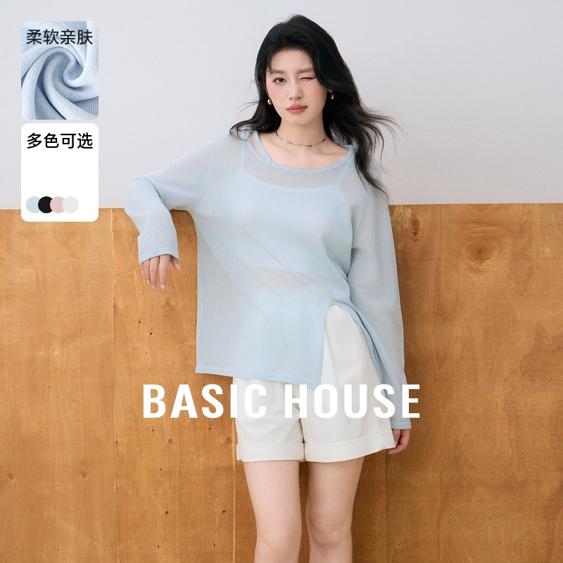 Basic House/百家好淡人秋季镂空针织衫开叉宽松长袖上衣2025新款