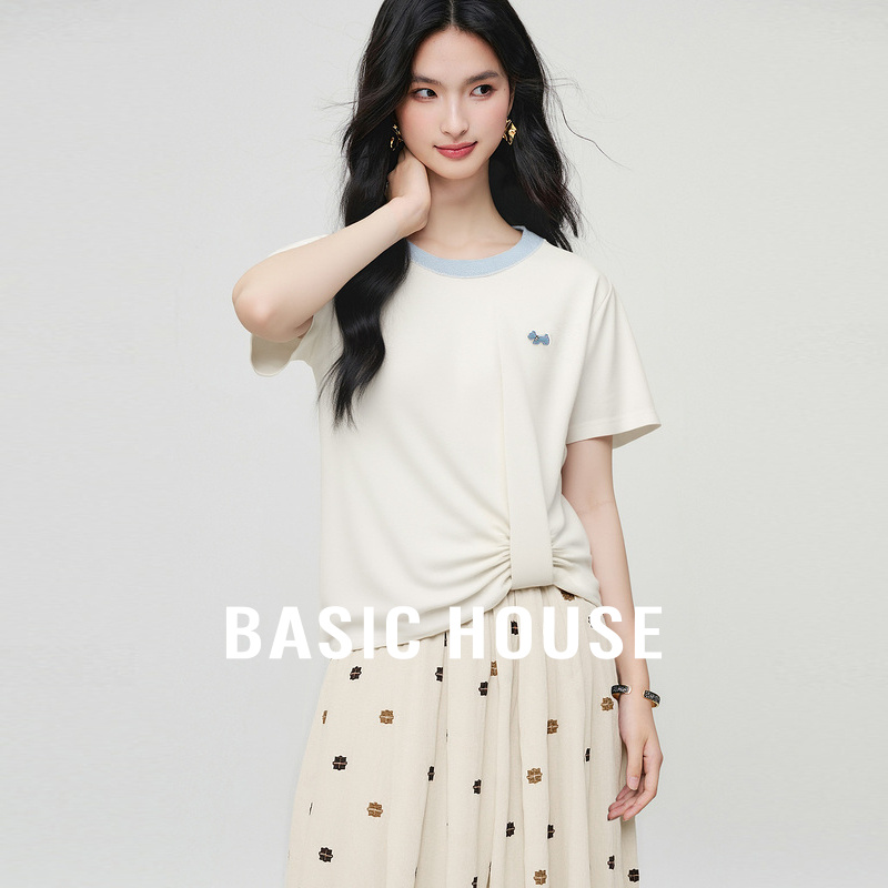 Basic House/百家好撞色领口设计感夏季新款短袖圆领套头针织衫女