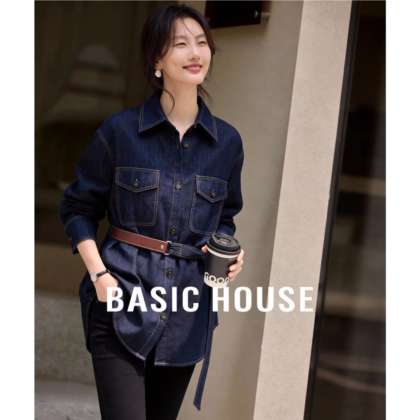 百家好蓝色牛仔衬衫女春季新款宽松中长款配腰带小众复古长袖外套