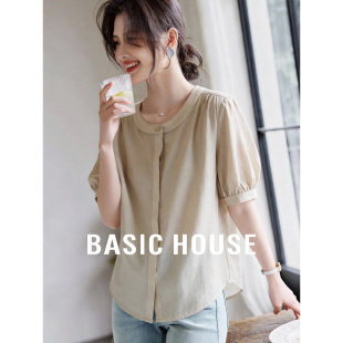 House 女夏季 百家好法式 衬衫 圆领纽扣显瘦衬衣上衣 泡泡袖 Basic