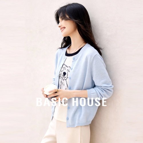 Basic House/百家好韩系温柔风假两件针织衫女宽松显瘦通勤小上衣
