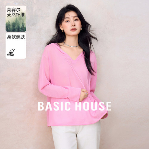 Basic House/百家好莱赛尔宽松长袖针织衫女春夏新款小众连帽上衣